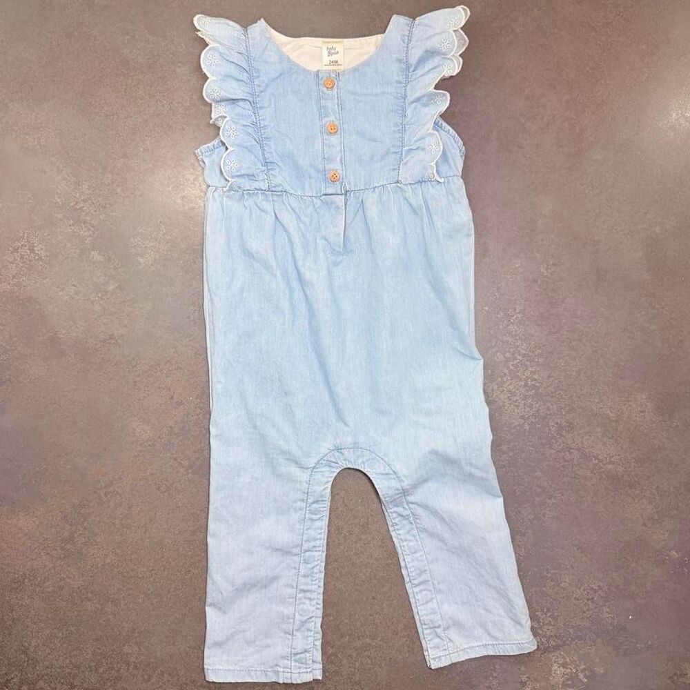 Baby B’gosh Denim-like Jumpsuit Chambray Wood-ish Buttons Ruffle Sleeves 24M